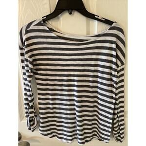 Loft Women's Cotton Top White Gray Striped Roll Tab Sleeve Boat Neck Size XS
